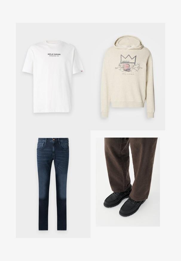 Lichtbeige hoodie van zacht materiaal, met een grafisch ontwerp met een kroon en gezichtsdetail. Mouwen met elastische boord en een relaxte pasvorm.; Witte katoenen T-shirt met korte mouwen, voorzien van een zwart bedrukt logo met de tekst "REPLAY GARAGE ESTABLISHED 1981" aan de voorkant.; Donkerblauwe denim jeans met een klassieke rechte snit, voorzien van voorzakken, subtiele vervaging en een knoopsluiting in de taille.; Zwarte leren schoenen met een gladde afwerking, ronde neus en vetersluiting, gecombineerd met textuurrijke bruine broek. Vanuit een laag perspectief gezien.