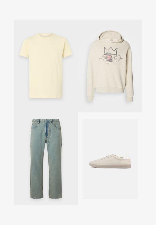 Lys beige hætte sweatshirt i blødt stof, med et grafisk design med en krone og ansigtstræk. Ribkantede ærmer og afslappet pasform.; Lysegul bomulds t-shirt med korte ærmer og rund halsudskæring; har et lille hvidt logo på den øverste venstre bryst.; Lys blå, løstsiddende denimjeans med fem lommer, knaplukning og synlige syninger. Stoffet har et falmet, tekstureret udseende.; Beige ruskindssneaker med en tekstureret overdel, glat hvid hælkappe, tynde snørebånd og en gummi-ydersål. Har et lavt profil design.