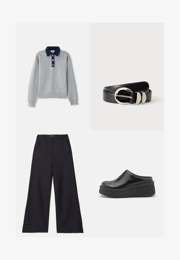 Grå sweatshirt med en mørkeblå denimkrave, tre guldknapper og ribbede manchetter. Blød tekstur med et afslappet design.; Maje PIMANO - Bukser - noir; Sorte blanke klodser med platform, rund tå, buet overdelen og kontrasterende hvid sting langs kanten af sålen.; Sort læderbælte med et sølv rundt spænde og to sølv bæltestropper på en ensartet lys baggrund.