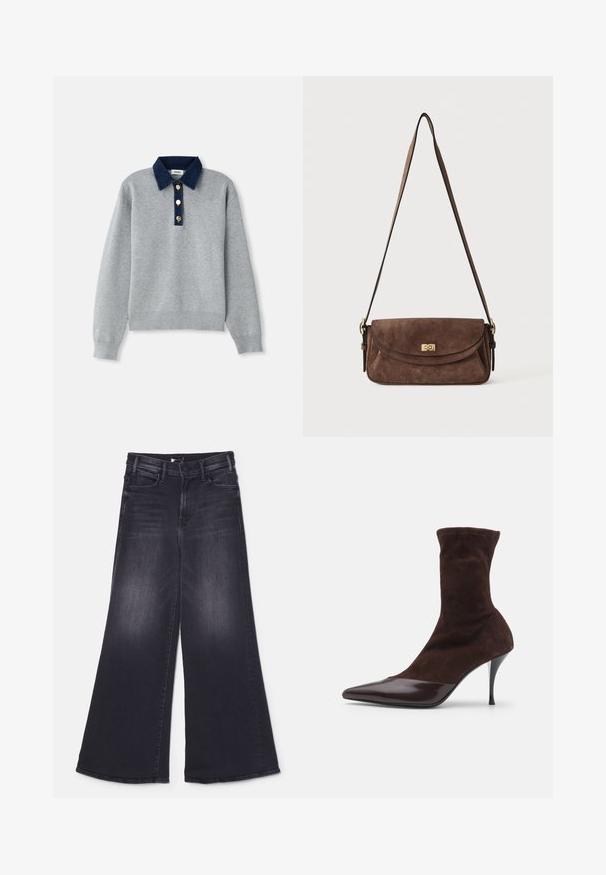 Grijze sweatshirt met een donkerblauwe denim kraag, drie gouden knopen en ribgebreide manchetten. Zachte textuur met een casual ontwerp.; Mother LIL HUSTLER ROLLER SNEAK - Wide leg - not today satan; Bruine suède enkellaars met een puntige neus en glanzend bordeauxrood paten leren neuskap, met een slanke stilettohak en een textuur op de bovenkant.; Bruine suède schoudertas met een lange verstelbare band en een gouden draaisluiting op de voorflap.