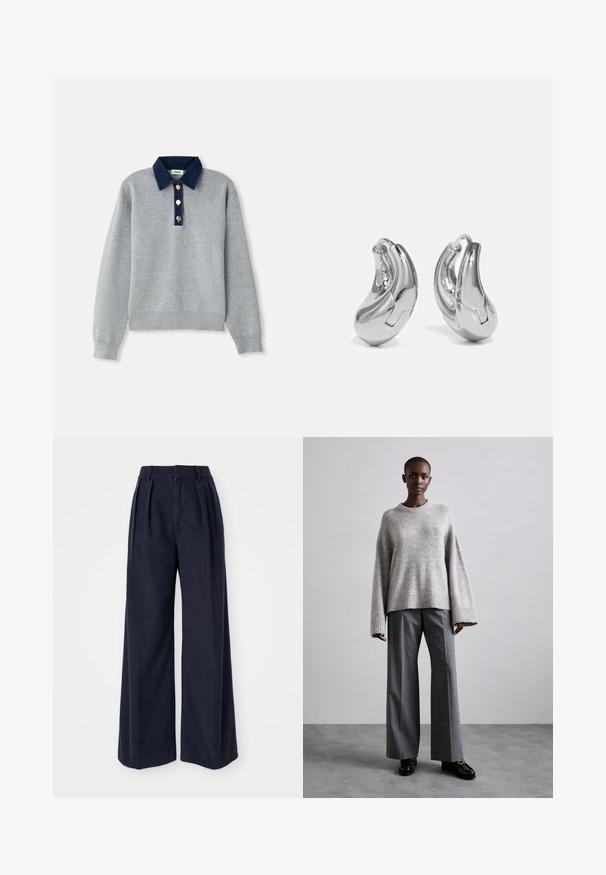 Grauer Pullover mit einem dunkelblauen Jeanskragen, drei goldenen Knöpfen und gerippten Bündchen. Weiche Textur mit einem lässigen Design.; Dunkelblaue weit geschnittene Hosen aus Baumwolle, mit Falten vorne, hoher Taille und einem Reißverschluss mit Knopfverschluss.; Grauer Strickpullover mit weiten Ärmeln und geripptem Saum, kombiniert mit hochtaillierten grauen Hosen mit dezentem Karomuster und schwarzen Loafers.; Silberne Creolen mit einer gebogenen, glänzenden Oberfläche und einem nahtlosen Design. Verfügt über einen Scharnierverschluss für sicheren Halt.