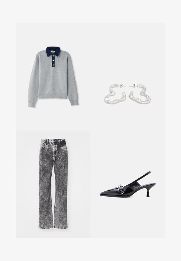 Grå sweatshirt med en mørkeblå denimkrave, tre guldknapper og ribbede manchetter. Blød tekstur med et afslappet design.; Højtaljede, vide jeans i en sort og grå fadet vask, med fem lommer og kontrasterende syninger langs kanten.; Sort laklæderslingbacksko med lille hæl, spids tå og sølvsfarvet spænde på ensartet hvid baggrund.; Sølvfarvede øreringe med et bølget, abstrakt design prydet med små, funklende krystaller. Sikret med en studs baglukning.