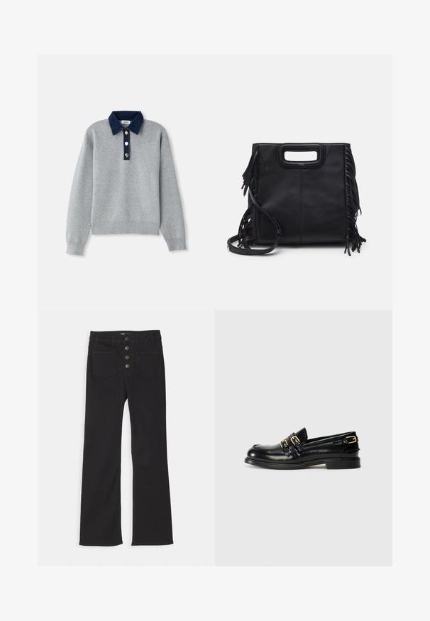 Grå sweatshirt med en mørkeblå denimkrave, tre guldknapper og ribbede manchetter. Blød tekstur med et afslappet design.; Sorte denim flare jeans med høj talje, fem-pockets design og lukning fortil med fire metalknapper.; Sorte læder loafers med en blank finish, der har to guldspænder og en lav hæl. Glat tekstur med rund tådesign.; Sort læderhåndtaske med en struktureret design, tophåndtag og frynse-detaljer. Har en aftagelig skulderrem for alsidighed.