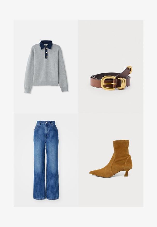 Grå sweatshirt med en mørkeblå denimkrave, tre guldknapper og ribbede manchetter. Blød tekstur med et afslappet design.; Blå denim brede bukser med lodrette hvide striber, høj talje og fem-lomme design, med knap- og lynlåslukning.; Tan ruskind ankelstøvle med spids tå, tætsiddende overdel og lav kitten hæl på ensartet lysegrå baggrund.; Brunt læderbælte med en glat tekstur, spænde i guldfarvet metal og buede detaljer. Flere huller for justerbar størrelse.
