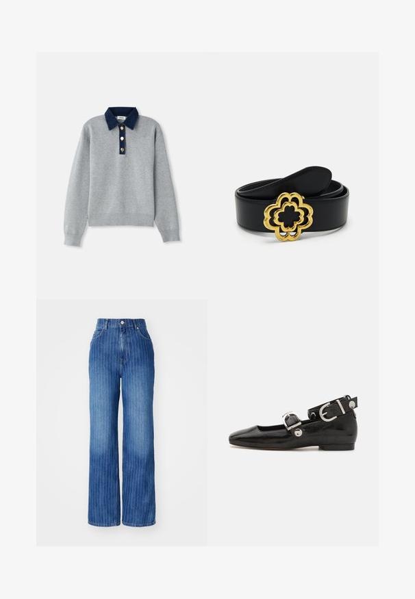 Grå sweatshirt med en mørkeblå denimkrave, tre guldknapper og ribbede manchetter. Blød tekstur med et afslappet design.; Blå denim brede bukser med lodrette hvide striber, høj talje og fem-lomme design, med knap- og lynlåslukning.; Sorte patenteret lædersko med firkantet tå, ankelrem med sølvhardware og flad sål. Glat tekstur med minimalistisk design.; Sort læderbælte med en gylden, blomsterformet spænde med udskæringer. Glat tekstur med en blank finish på spænder.