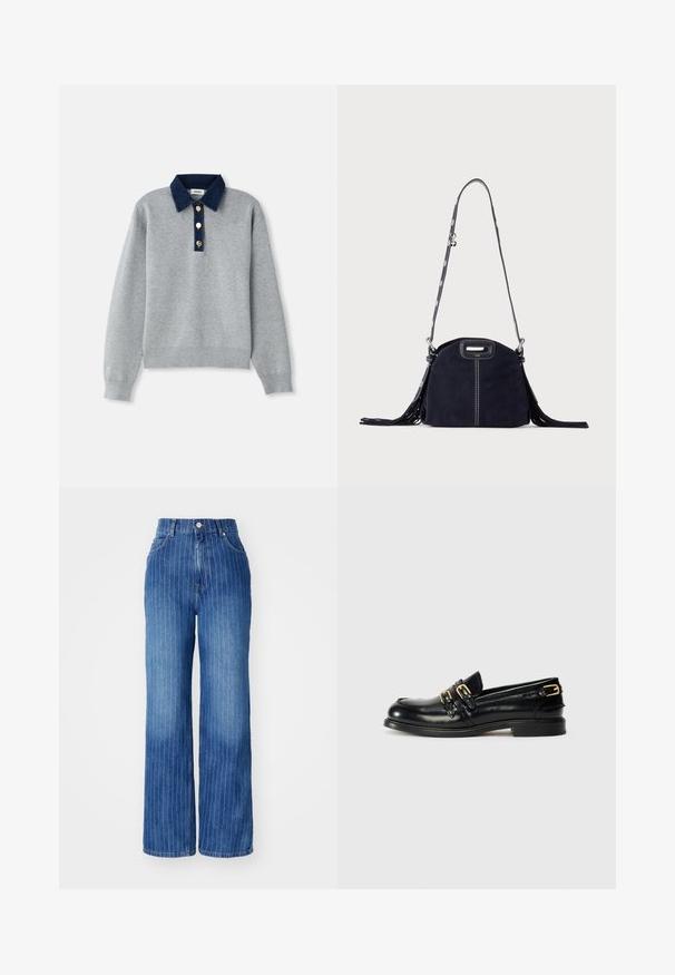 Grå sweatshirt med en mørkeblå denimkrave, tre guldknapper og ribbede manchetter. Blød tekstur med et afslappet design.; Blå denim brede bukser med lodrette hvide striber, høj talje og fem-lomme design, med knap- og lynlåslukning.; Sorte læder loafers med en blank finish, der har to guldspænder og en lav hæl. Glat tekstur med rund tådesign.; Mørkeblå ruskindstaske med hvide syninger, et udskåret håndtag, mønstret skulderrem og lange frynser på begge sider.