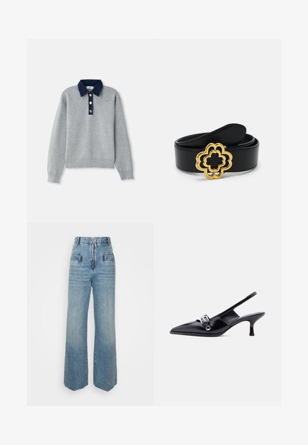 Sweatshirt gris avec un col en denim bleu foncé, trois boutons dorés et des poignets côtelés. Texture douce avec un design décontracté.; sandro Jean boyfriend - bleu jean; Chaussure à talon bas en cuir verni noir avec bride arrière, bout pointu et détail boucle argentée sur fond blanc uni.; Ceinture en cuir noir ornée d'une boucle dorée en forme de fleur avec des découpes. Texture lisse avec une finition brillante sur la boucle.