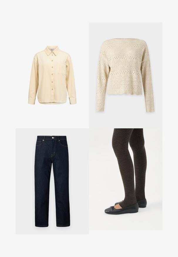 Pull beige à manches longues en tricot avec des motifs complexes de dentelle florale et géométrique et un ourlet festonné sur fond uni.; Chemise à manches longues, boutonnée, en velours côtelé beige clair avec col, poche poitrine unique et texture côtelée. Boutons en bois en détail.; Jeans droits bleu marine avec un design classique à cinq poches et une fermeture à bouton, présentés sur fond blanc.; Jambes portant des leggings côtelés foncés associés à des ballerines noires avec de petits détails en nœud sur fond blanc.