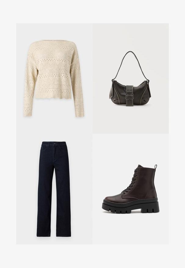 Beige langærmet striktrøje med indviklede blomster- og geometriske blonde mønstre og bølget kant på ensfarvet baggrund.; Mørkeblå denim jeans med lige ben, der har fem lommer, en frontlukning med knap og en subtil tekstur uden udsmykninger.; Brune læder ankelstøvler med en rund tå, sort kraftig sål og snørredetaljer. Har en bageste løkke for nem påtagning.; Sort læder skuldertaske med spænde på remmen, afrundede kanter og kontrasterende hvide syninger på en ensfarvet baggrund.