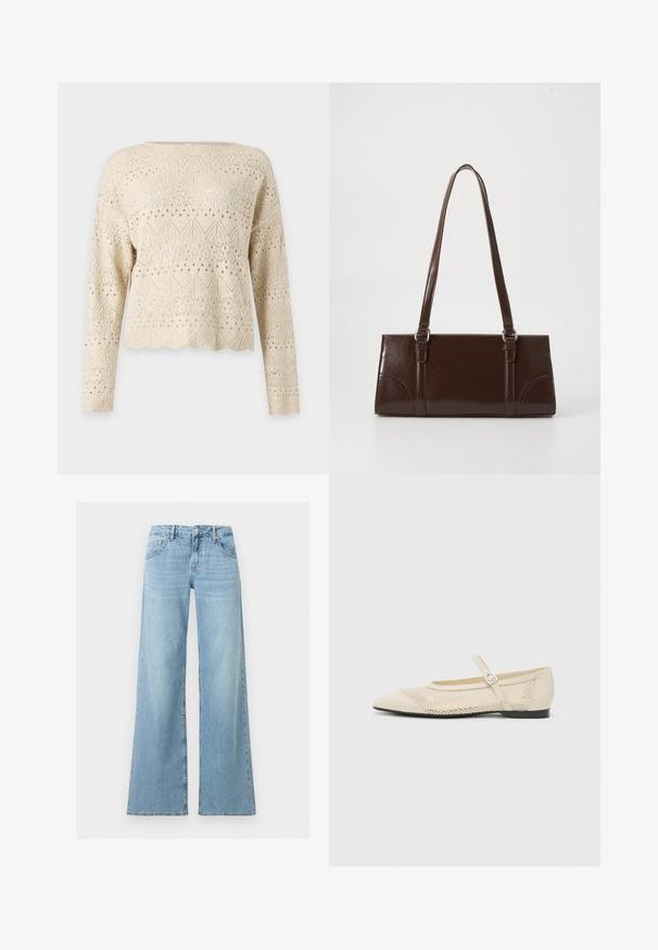Beige lange mouwen gebreide trui met ingewikkelde bloem- en geometrische kanten patronen en een gegolfde zoom op een effen achtergrond.; Lichtblauwe high-waisted spijkerbroek met wijde pijpen, knoop en rits aan de voorkant, en klassieke vijfzakkenstijl.; Beige ballerina's met een spitse neus, een overlay van gaasontwerp en een zijgesp voor het vastzetten. Platte zool met een gladde textuur.; Bruine lakleren handtas met een rechthoekige vorm, twee lange handvatten en subtiele gebogen accenten aan de voorkant.