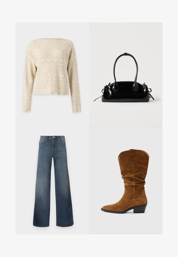 Beige langærmet striktrøje med indviklede blomster- og geometriske blonde mønstre og bølget kant på ensfarvet baggrund.; Bredde denim jeans i mørkeblå, med en slidteknik, knaplukning og fem-lomme stil. Glat tekstur, minimal syning detaljer.; Brune ruskinds cowboystøvle med et slouchy design, spids tå og stablet hæl. Har stikninger og en træksløjfe bagpå.; Lille sort blank håndtaske med to lange håndtag og snøre-detaljer i siden på en ensfarvet lys baggrund.