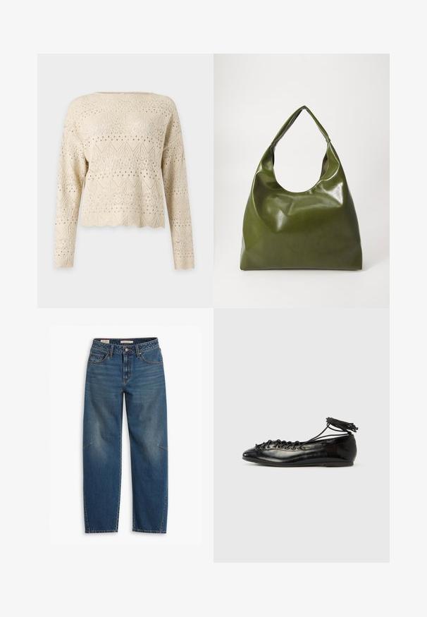 Beige langærmet striktrøje med indviklede blomster- og geometriske blonde mønstre og bølget kant på ensfarvet baggrund.; Blå denim jeans med en afslappet pasform, der har høj talje, lige ben, synligt syning og en lille detalje på venstre knæ.; Sorte balletflade sko i laklæder med rundet tå, snørelukning og flad sål. Glat tekstur med få detaljer.; Grøn læder hobo taske med en slouchy design, buet håndtag og glat tekstur. Indeholder ingen synlig hardware eller accenter.