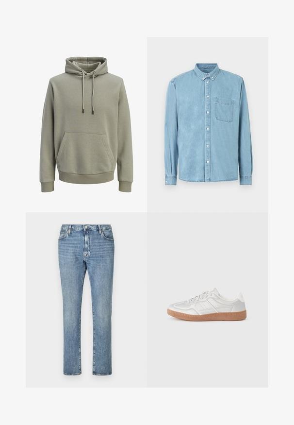 Lichtolijfgroene capuchontrui met voorzak, trekkoorden en geribbelde boorden en zoom.; Lichtblauw denim overhemd met lange mouwen, een button-down kraag, een borstzak aan de voorkant en witte knopen middenvoor en op de manchetten.; Lichtblauwe denim jeans met een rechte pijp, voorzien van vijf zakken en een knoopsluiting aan de voorkant. Een vervaagde textuur voegt visuele interesse toe.; Zilveren sneakers met een gladde textuur, vetersluiting, geperforeerde accenten en een gestructureerde bruine rubberen zool.