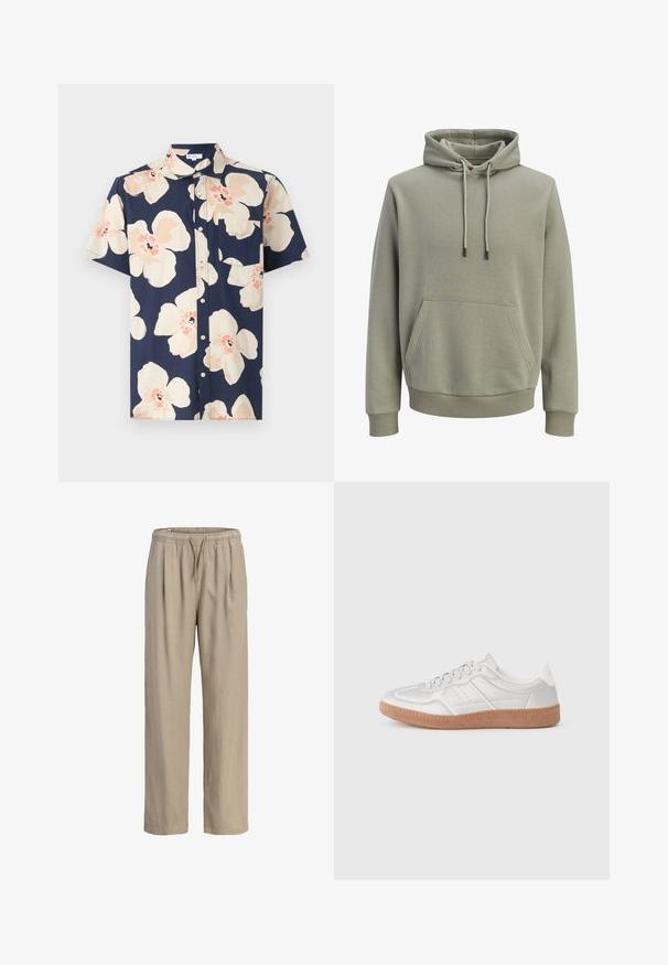 Sweat à capuche vert olive clair avec poche kangourou à l'avant, cordons de serrage, et poignets et ourlet côtelés.; Chemise homme à manches courtes avec boutons, fond bleu marine et grand motif floral beige et pêche, avec une poche poitrine côté gauche.; Pantalon beige à coupe ample avec taille élastique et cordon de serrage, jambes droites et poches latérales.; Baskets argentées avec une texture lisse, un design à lacets, des accents perforés et une semelle en caoutchouc marron texturé.