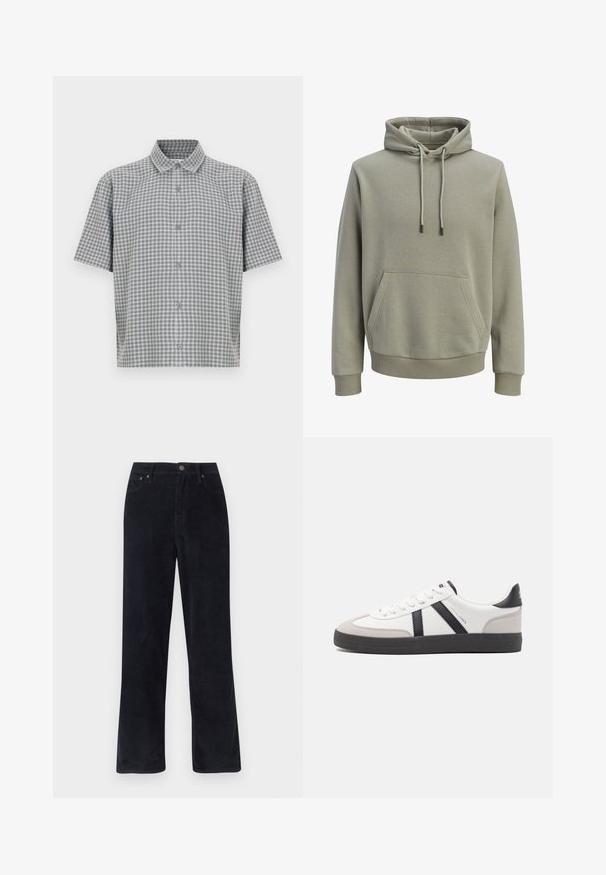 Sweat à capuche vert olive clair avec poche kangourou à l'avant, cordons de serrage, et poignets et ourlet côtelés.; Chemise à manches courtes en motif vichy gris et blanc ; dotée d'une patte de boutonnage à l'avant et d'un col classique ; tissu léger avec une texture lisse.; Pantalons en velours côtelé noir à jambes larges, présentant un motif côtelé texturé, une fermeture à bouton sur le devant et deux poches latérales.; Baskets blanches avec des accents noirs et gris, présentant un embout texturé gris, une semelle en caoutchouc noir et des lacets plats blancs. Design épuré, style minimaliste.