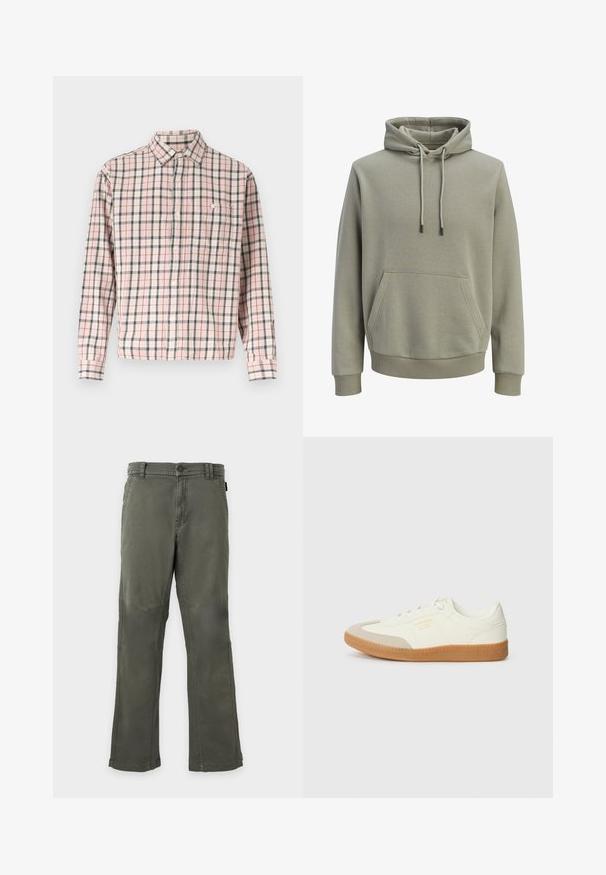 Sudadera con capucha de color verde oliva claro, con bolsillo canguro en el frente, cordones ajustables y puños y dobladillo acanalados.; Camisa de manga larga con botones, con un patrón a cuadros en rosa, blanco y gris, que incluye un bolsillo en el pecho con un botón.; Pantalones de pierna recta en verde oliva con trabillas para cinturón, botón frontal y detalles cosidos sobre un fondo liso.; Zapatilla de cuero blanca con puntera beige y suela de goma marrón claro. Presenta cordones planos blancos y una marca en relieve en el lateral.