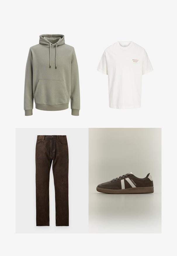 Lys olivengrøn hættetrøje med forlommekangaroo, snore og ribstrikkede manchetter og kant.; Hvid T-shirt med korte ærmer og rund halsudskæring med lille rød og sort "Originals Studio" tekst på venstre bryst.; Brune denim jeans med en let slidtegn, lige ben-design, fem lommer og en knaplukning i taljen.; Brun ruskindssneaker med hvide striber, hvid hælpatch, gummisål og teksten "JACK & JONES" på siden, vist i profil på en ensfarvet baggrund.