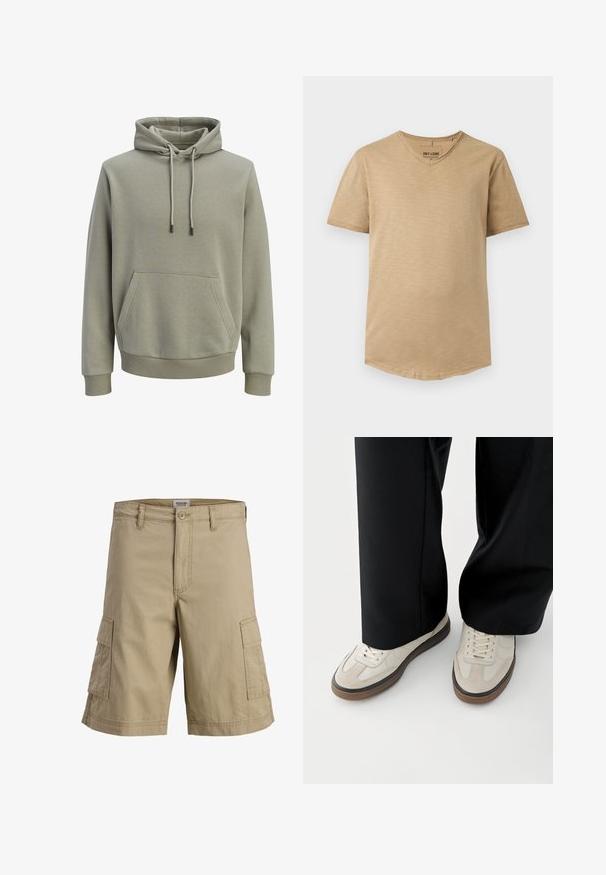 Sweat à capuche vert olive clair avec poche kangourou à l'avant, cordons de serrage, et poignets et ourlet côtelés.; T-shirt beige homme à manches courtes et col en V, coupe slim et texture subtile, présenté à plat sur fond blanc.; Short cargo beige longueur genou avec fermeture à bouton et zip devant et deux poches latérales à rabat.; Pieds portant des baskets beige avec des semelles marron et un pantalon noir à jambes larges sur fond blanc.