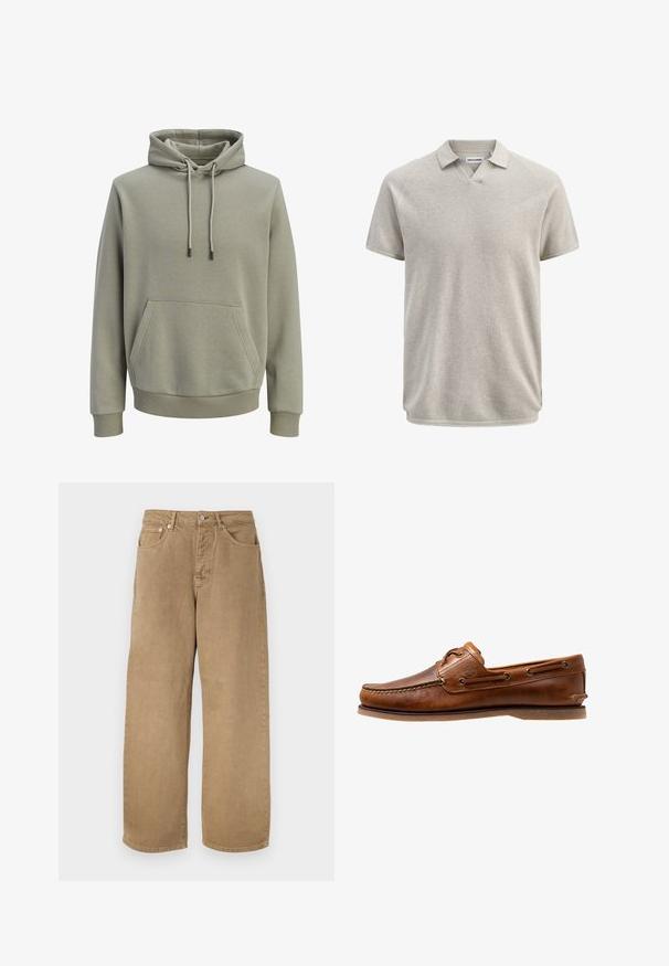 Lichtolijfgroene capuchontrui met voorzak, trekkoorden en geribbelde boorden en zoom.; Beige poloshirt met korte mouwen en structuur, voorzien van een kraag en een lichte V-hals, met het label Jack & Jones.; Beige katoenen broek met rechte pijpen, voorzien van een voorste knoop, ritssluiting, riemlussen en een ontwerp met vijf zakken, afgebeeld tegen een witte achtergrond.; Brown leren botenschoen met gestikte accenten, voorzien van metalen oogjes, een verhoogde naad op de neus en een platte rubberen zool.