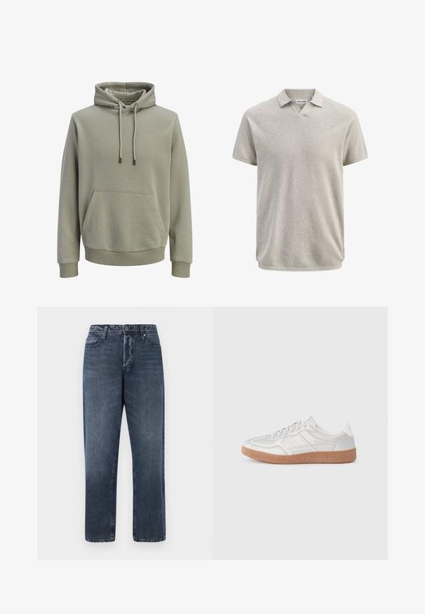 Lys olivengrøn hættetrøje med forlommekangaroo, snore og ribstrikkede manchetter og kant.; Kortærmet beige tekstureret polo med krave og let V-formet halsudskæring, mærket Jack & Jones.; Jack & Jones Loose-fit JJIEDDIE JJORIGINAL SQ 227 - Baggy jeans - blue denim; Sølv sneakers med en glat overflade, snørebånd, perforerede detaljer og en struktureret brun gummi sål.