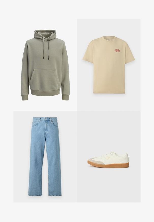Lichtolijfgroene capuchontrui met voorzak, trekkoorden en geribbelde boorden en zoom.; Beige T-shirt met korte mouwen en ronde hals, met een klein rood "Dickies" logo op de linkerborst.; Lichtblauwe denim jeans met een rechte pasvorm, vijf zakken, knoop- en ritssluiting, en een iets vervaagde afwerking.; Schoen gemaakt van wit leer met een beige teenkap en een lichtbruine rubberen zool. Voorzien van platte witte veters en reliëfbranding aan de zijkant.