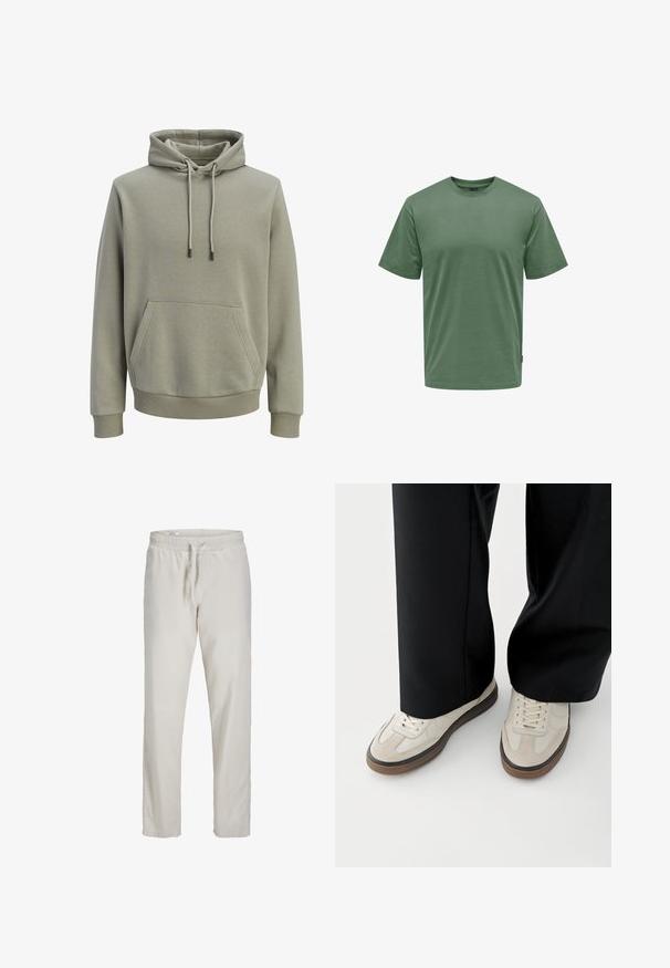 Lichtolijfgroene capuchontrui met voorzak, trekkoorden en geribbelde boorden en zoom.; Eenvoudig groen T-shirt met korte mouwen en ronde halslijn met een normale pasvorm, getoond op een witte achtergrond.; Lichtbeige linnen broek met elastische tailleband en vooraan een trekkoord, rechte pijp, geen zichtbare zakken.; Voeten met beige sneakers met bruine zolen en zwarte wijde broekspijpen op een witte achtergrond.