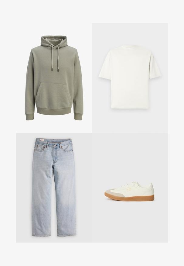 Hellolivgrüner Kapuzenpullover mit Kängurutasche vorne, Kordelzug und gerippten Bündchen an Ärmeln und Saum.; Ein schlichtes, weißes T-Shirt mit kurzen Ärmeln und Rundhalsausschnitt in lässiger Passform, präsentiert auf einem hellgrauen Hintergrund.; Helle blaue gerade geschnittene Jeans mit hoher Taille, Knopfverschluss sowie Vorder- und Hintertaschen, auf einer flachen Oberfläche präsentiert.; Sneaker aus weißem Leder mit einer beigen Zehenkappe und leichter brauner Gummisohle. Verfügt über flache weiße Schnürsenkel und geprägtes Branding an der Seite.