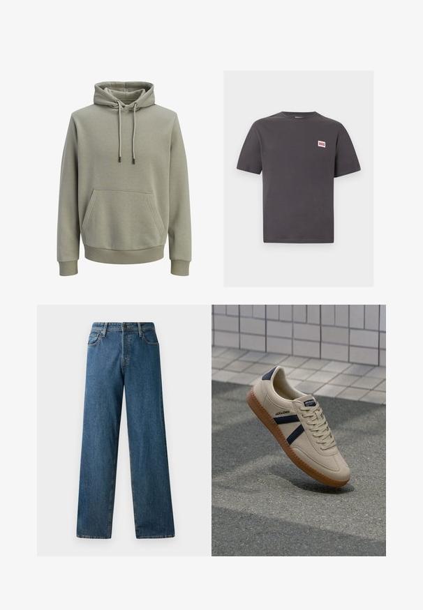 Hellolivgrüner Kapuzenpullover mit Kängurutasche vorne, Kordelzug und gerippten Bündchen an Ärmeln und Saum.; Dunkelgraues T-Shirt mit kurzen Ärmeln und Rundhalsausschnitt, mit kleinem rechteckigem weißen Logopatch auf der linken Brust, auf dem "ONLY & SONS" steht.; Dunkelblaue Jeans aus Denim mit einem lässigen Schnitt, geraden Beinen, fünf Taschen und kontrastierenden Nähten. Verfügt über einen Frontknopf und einen Reißverschluss.; Beige Sneaker mit strukturierter Oberfläche, dunkelblauen Streifen und Gummisohle. Verfügt über eine gepolsterte Zunge und ein traditionelles Schnürsystem für einen sicheren Sitz.