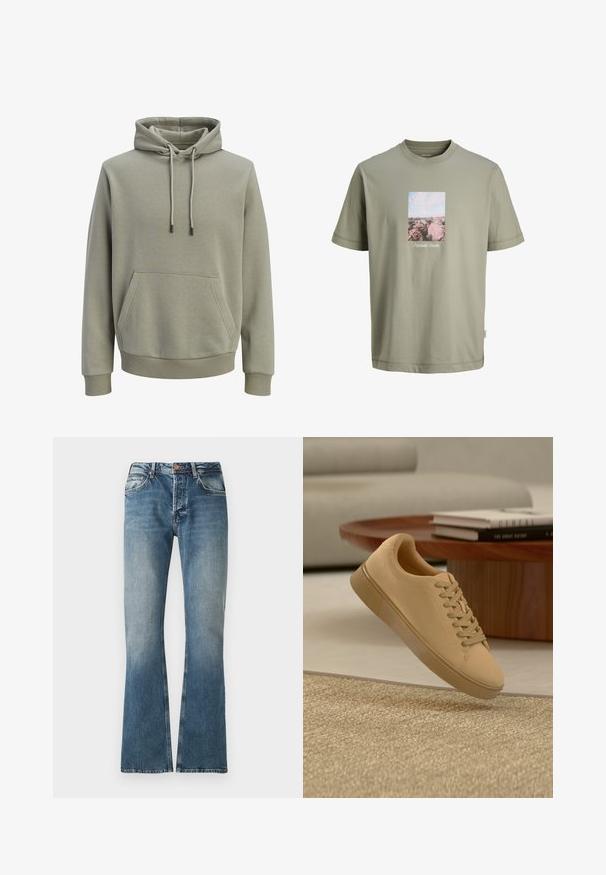 Hellolivgrüner Kapuzenpullover mit Kängurutasche vorne, Kordelzug und gerippten Bündchen an Ärmeln und Saum.; Hellolivgrünes kurzärmeliges T-Shirt mit einem rechteckigen Druck von rosafarbenen Felsen und Himmel, zentriert auf der Brust, mit kleinem weißen Text unter dem Druck.; Blaue Jeans aus Denim mit einem verwaschenen Effekt, geradem Bein Schnitt, Knopf- und Reißverschluss und fünf Taschen Design.; Beiger geschnürter Sneaker, der über einem strukturierten Teppich mit Holzcouchtisch und gestapelten Büchern im verschwommenen Hintergrund schwebt.