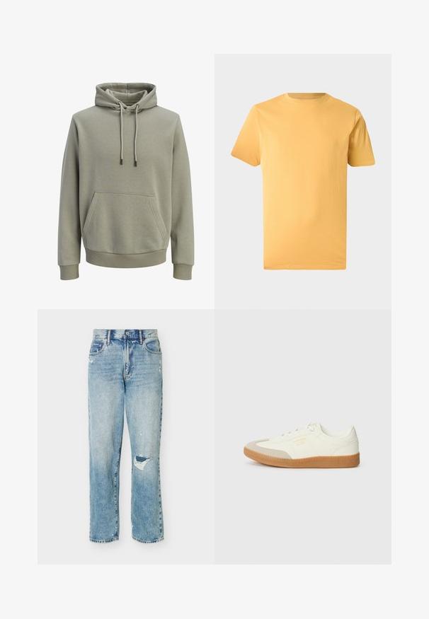 Sudadera con capucha de color verde oliva claro, con bolsillo canguro en el frente, cordones ajustables y puños y dobladillo acanalados.; Camiseta lisa de manga corta con cuello redondo en amarillo mostaza sólido, exhibida sobre un fondo neutro gris claro.; Vaqueros de mezclilla azul claro con un corte relajado, que presentan zonas desgastadas y un pequeño desgarro en la rodilla derecha.; Zapatilla de cuero blanca con puntera beige y suela de goma marrón claro. Presenta cordones planos blancos y una marca en relieve en el lateral.