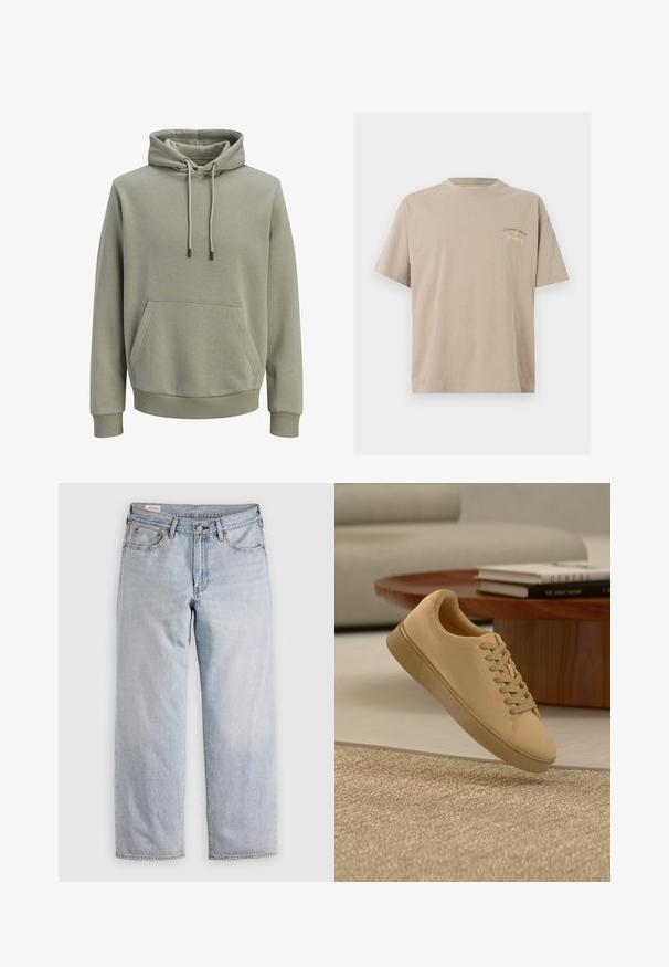 Lys olivengrøn hættetrøje med forlommekangaroo, snore og ribstrikkede manchetter og kant.; Beige kortærmet bomulds-T-shirt med rund hals og lille brysttryk med teksten "Originals Since 1990" i grøn og beige.; Lyseblå lige ben jeans med høj talje, knaplukning samt for- og baglommer, præsenteret på en flad overflade.; Beige snørestøvler, der svæver over et tekstureret tæppe med et træ sofabord og stablede bøger i en sløret baggrund.