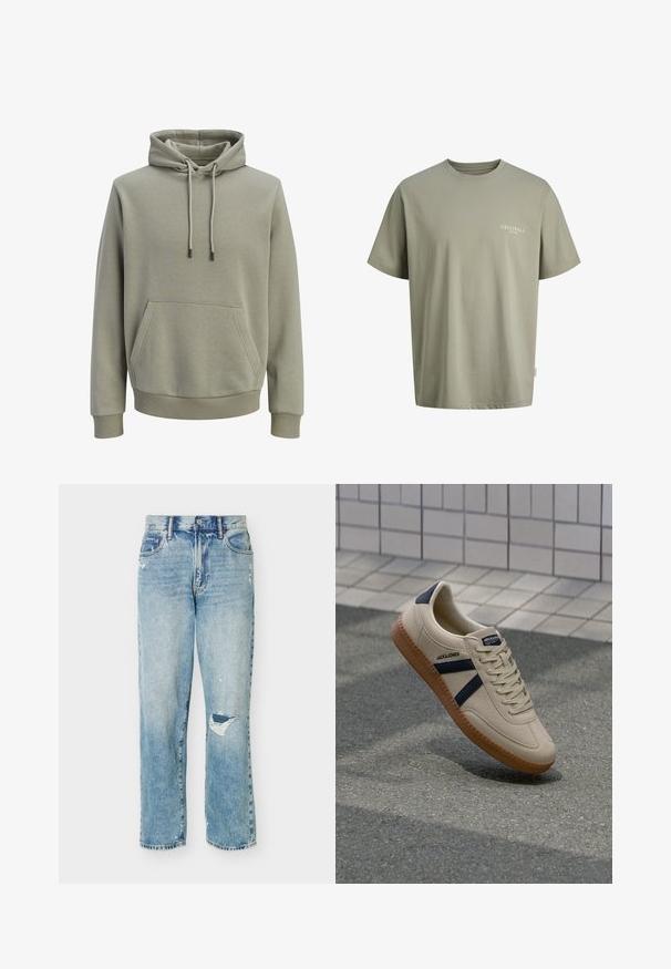 Sweat à capuche vert olive clair avec poche kangourou à l'avant, cordons de serrage, et poignets et ourlet côtelés.; T-shirt vert olive clair à manches courtes et col rond avec le texte « ORIGINALS COPENHAGEN » sur la poitrine gauche.; Jean en denim bleu clair avec une coupe décontractée, présentant des zones usées et une petite déchirure au genou droit.; Baskets beiges avec une finition texturée, bandes navy et semelle en caoutchouc. Équipées d'une languette rembourrée et d'un système de laçage traditionnel pour un maintien sécurisé.