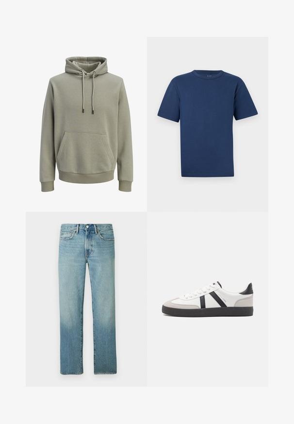 Sweat à capuche vert olive clair avec poche kangourou à l'avant, cordons de serrage, et poignets et ourlet côtelés.; T-shirt en coton bleu marine à manches courtes et col ras du cou, avec un devant uni, présenté sur un fond gris clair.; Jean en denim bleu clair avec une coupe droite, des coutures visibles et un motif décoloré. Comprend une fermeture à bouton et cinq poches.; Baskets blanches avec des accents noirs et gris, présentant un embout texturé gris, une semelle en caoutchouc noir et des lacets plats blancs. Design épuré, style minimaliste.