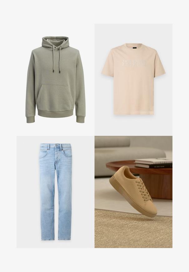 Sweat à capuche vert olive clair avec poche kangourou à l'avant, cordons de serrage, et poignets et ourlet côtelés.; T-shirt beige à manches courtes et col rond avec le texte blanc "JACK & JONES PREMIUM EST. 1990" centré sur la poitrine.; Jean denim bleu clair à jambes droites avec poches avant, passants de ceinture et fermeture à boutons sur fond blanc.; Baskets beiges à lacets flottant au-dessus d'un tapis texturé avec une table basse en bois et des livres empilés en arrière-plan flou.