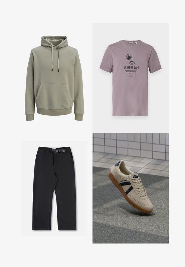 Sweat à capuche vert olive clair avec poche kangourou à l'avant, cordons de serrage, et poignets et ourlet côtelés.; T-shirt gris à manches courtes avec un graphisme de cafetière versant dans une tasse et le texte « LA VIE DU CAFÉ » sur le devant.; Pantalon noir à jambes droites avec taille élastique et fermeture latérale à boucle, présenté sur fond blanc.; Baskets beiges avec une finition texturée, bandes navy et semelle en caoutchouc. Équipées d'une languette rembourrée et d'un système de laçage traditionnel pour un maintien sécurisé.