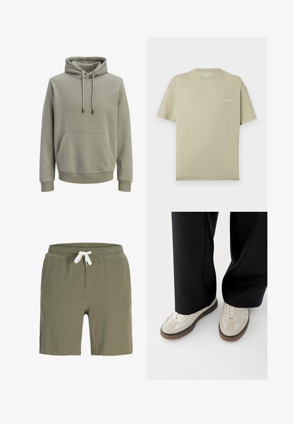 Lichtolijfgroene capuchontrui met voorzak, trekkoorden en geribbelde boorden en zoom.; Beige T-shirt met korte mouwen en ronde hals, met kleine witte tekst "originals © 1990" op de linkerborst.; Olivgroene shorts van getextureerde stof met elastische tailleband en wit trekkoord, zijzakken en knielange snit.; Voeten met beige sneakers met bruine zolen en zwarte wijde broekspijpen op een witte achtergrond.
