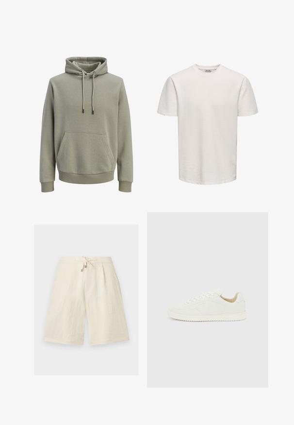 Sweat à capuche vert olive clair avec poche kangourou à l'avant, cordons de serrage, et poignets et ourlet côtelés.; T-shirt blanc uni à manches courtes et texturé, col rond, présenté sur fond neutre, sans logos ni motifs visibles.; Shorts crème arrivant aux genoux avec une taille à cordon de serrage et une coupe ample, confectionnés dans un tissu léger.; Baskets basses en cuir blanc avec lacets blancs et semelle texturée, vues de côté extérieur sur un fond gris clair.