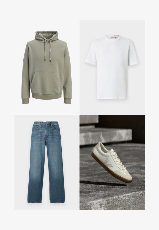 Lys olivengrøn hættetrøje med forlommekangaroo, snore og ribstrikkede manchetter og kant.; Hvid kortærmet t-shirt i vaffelmønster med rund hals og et lille mærke med brandnavn inde i kraven, vist på en ensfarvet baggrund.; Bredde ben mørkeblå denim jeans med knaplukning, bæltestropper og en falmet struktur. Har fem lommer og kontrastsyninger.; Hvide læder sneakers med tanfarvet gummisål, flade snørebånd og V-formet detalje på siden. Har en glat overflade og minimale syninger.