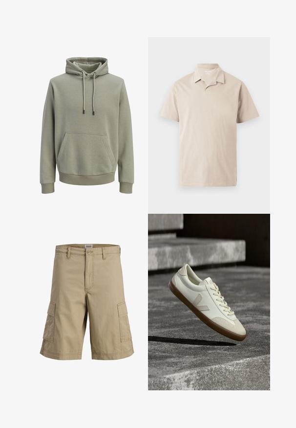 Sweat à capuche vert olive clair avec poche kangourou à l'avant, cordons de serrage, et poignets et ourlet côtelés.; Polo beige à manches courtes avec col et encolure partiellement ouverte, présenté sur un fond clair uni.; Short cargo beige longueur genou avec fermeture à bouton et zip devant et deux poches latérales à rabat.; Baskets en cuir blanc avec semelle en caoutchouc beige, lacets plats et accent en forme de V sur le côté. Présentent une surface lisse et peu de détails de couture.