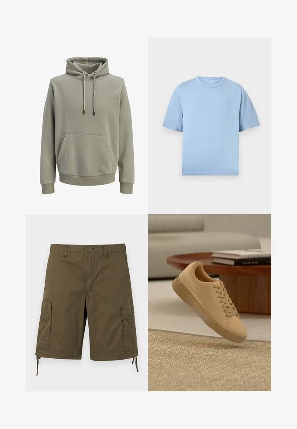 Sweat à capuche vert olive clair avec poche kangourou à l'avant, cordons de serrage, et poignets et ourlet côtelés.; T-shirt bleu clair à manches courtes et col rond, coupe ample, présenté sur un fond blanc uni.; Short cargo kaki avec poches latérales à rabat, fermeture à boutons à l'avant, passants pour ceinture et cordons réglables à l'ourlet.; Baskets beiges à lacets flottant au-dessus d'un tapis texturé avec une table basse en bois et des livres empilés en arrière-plan flou.