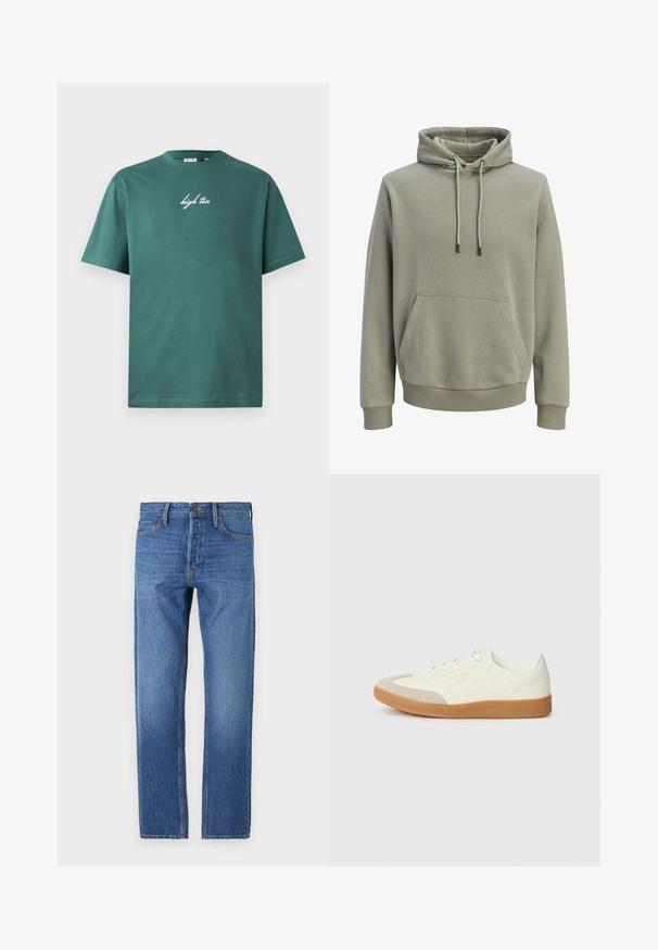 Lys olivengrøn hættetrøje med forlommekangaroo, snore og ribstrikkede manchetter og kant.; Grøn bomuld T-shirt med rund hals og korte ærmer. Har hvid, kursiv tekst "high tea" på forsiden. Enkel design, ingen mønstre.; Blå denim jeans med lige ben, klassisk fem-lomme design, kobbersting og en falmet vask for et slidte look.; Sneaker lavet af hvid læder med en beige tåhætte og let brunt gummisål. Har flade hvide snørebånd og prægede branding på siden.