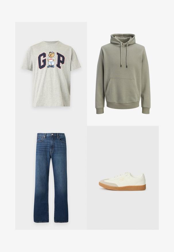 Sweat à capuche vert olive clair avec poche kangourou à l'avant, cordons de serrage, et poignets et ourlet côtelés.; T-shirt gris clair à manches courtes avec les lettres "G" et "P" bleu marine et rouge, avec un dessin animé d'ours portant une casquette, une chemise blanche et un short bleu au centre.; Jean en denim bleu droit avec un design classique cinq poches et une fermeture par bouton sur un fond clair uni.; Baskets en cuir blanc avec une coque beige et une semelle en caoutchouc marron clair. Dotées de lacets blancs plats et d'un logo embossé sur le côté.