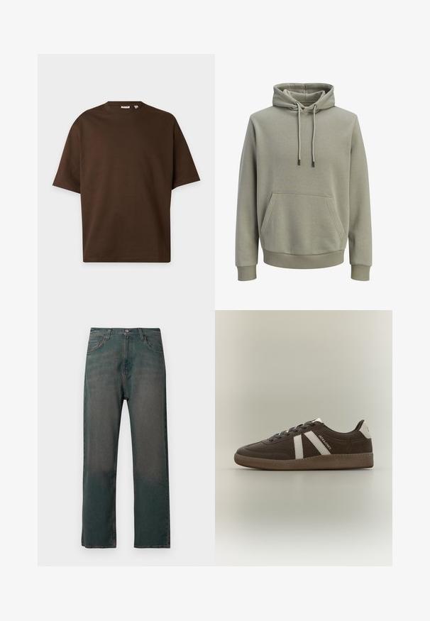 Sweat à capuche vert olive clair avec poche kangourou à l'avant, cordons de serrage, et poignets et ourlet côtelés.; T-shirt marron uni à manches courtes et col rond présenté sur un fond plat gris clair.; Jean en denim vert foncé avec une coupe droite, doté d'un design classique à cinq poches et de coutures contrastantes le long des coutures.; Basket en daim marron avec des bandes blanches, un renfort de talon blanc, une semelle gomme et le texte "JACK & JONES" sur le côté, présentée de profil sur un fond uni.