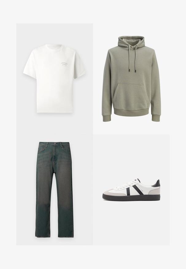 Hellolivgrüner Kapuzenpullover mit Kängurutasche vorne, Kordelzug und gerippten Bündchen an Ärmeln und Saum.; Weißes T-Shirt mit kurzen Ärmeln und kleinem Aufdruck "Originals Studio Urban Aesthetic" auf der linken Brust.; Dunkelgrüne Jeans aus Denim mit geradem Bein, ausgestattet mit einem klassischen Fünf-Taschen-Design und kontrastierenden Nähten entlang der Nähte.; Weiße Sneaker mit schwarz- und grau-aczenten, ausgestattet mit einer strukturierten grauen Zehenkappe, schwarzer Gummi-Sohle und flachen weißen Schnürsenkeln. Sauberes Design, minimalistische Stil.