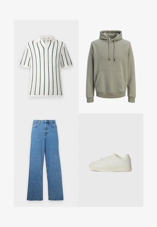 Sweat à capuche vert olive clair avec poche kangourou à l'avant, cordons de serrage, et poignets et ourlet côtelés.; Polo en maille blanche à manches courtes avec des rayures verticales vert foncé et un col doux, présenté sur un fond uni clair.; Jean en denim bleu, taille haute, jambes larges, avec bouton frontal, fermeture éclair, passants pour ceinture, et poches à l'avant et à l'arrière.; Baskets blanches avec une texture en cuir lisse, design à lacets, détails perforés et trois rayures diagonales sur le côté. Semelle en caoutchouc.