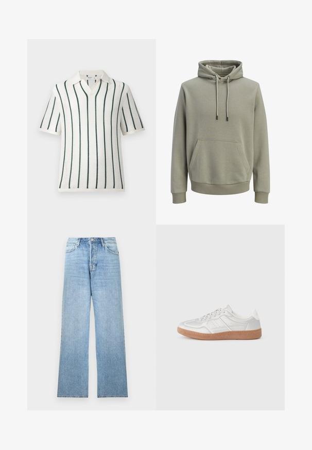 Sweat à capuche vert olive clair avec poche kangourou à l'avant, cordons de serrage, et poignets et ourlet côtelés.; Polo en maille blanche à manches courtes avec des rayures verticales vert foncé et un col doux, présenté sur un fond uni clair.; Jean en denim bleu clair avec coupe droite, fermeture par bouton au sommet, cinq poches et ourlets effilochés.; Baskets argentées avec une texture lisse, un design à lacets, des accents perforés et une semelle en caoutchouc marron texturé.