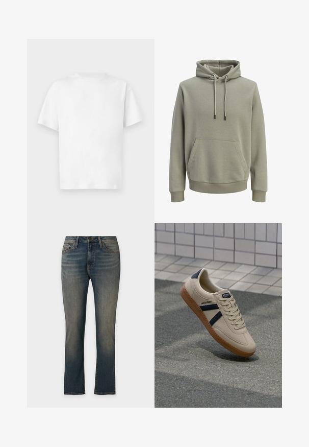 Light olive green hooded sweatshirt with front kangaroo pocket, drawstrings, and ribbed cuffs and hem.; Plain white short-sleeve cotton t-shirt with crew neckline, displayed flat against a neutral background.; Straight-fit blue denim jeans with slight fading on thighs and knees, front pockets, belt loops, and button closure.; Beige sneaker with a textured finish, navy stripes, and gum sole. Features a padded tongue and traditional lacing system for secure fit.
