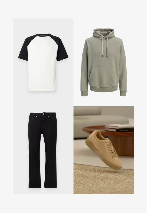 Sweat à capuche vert olive clair avec poche kangourou à l'avant, cordons de serrage, et poignets et ourlet côtelés.; T-shirt raglan à manches courtes avec corps blanc et manches et col noirs, présenté sur fond blanc.; Jeans noirs droits avec boutons avant, fermeture éclair, passants pour ceinture et style cinq poches sur un fond clair uni.; Baskets beiges à lacets flottant au-dessus d'un tapis texturé avec une table basse en bois et des livres empilés en arrière-plan flou.