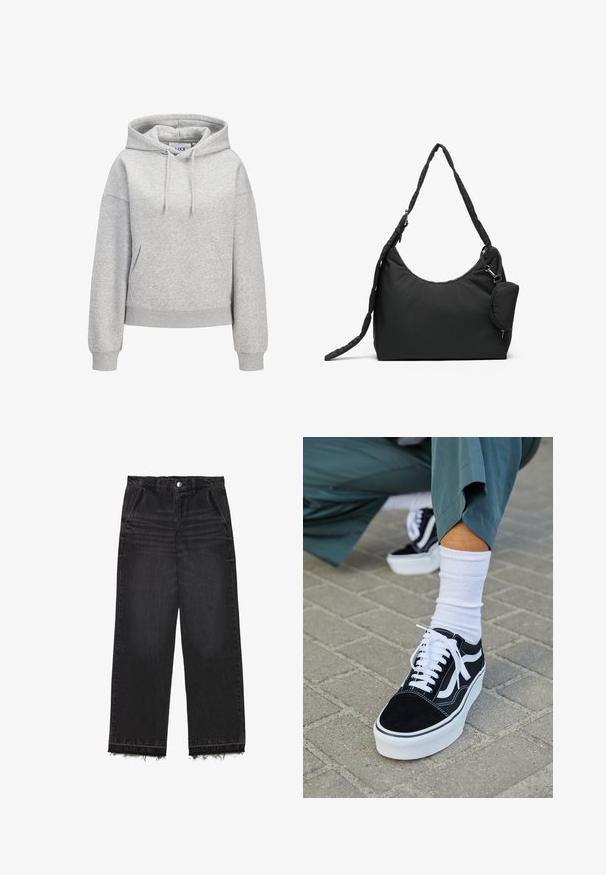 Lichtgrijze hoodie met een voorzak in kangeroestijl, verstelbare trekkoordkap, geribbelde manchetten en zoom, en een klein wit logo van "JUXX STUDIO" op de borst.; Zwarte denim trousers met een rechte pijp. Kenmerkt zich door een hoge taille, een rafelige zoom en een subtiele vervaagde textuur. Voorzien van zijzakken.; Zwarte suède sneaker met witte accenten en veters, uitgerust met een dikke witte zool en contrasterende stiksels, gecombineerd met een witte sok.; Zwart nylon schoudertas met een gebogen vorm, een gestructureerde schouderband en een kleine, afneembare ritstas die aan de zijkant is bevestigd.