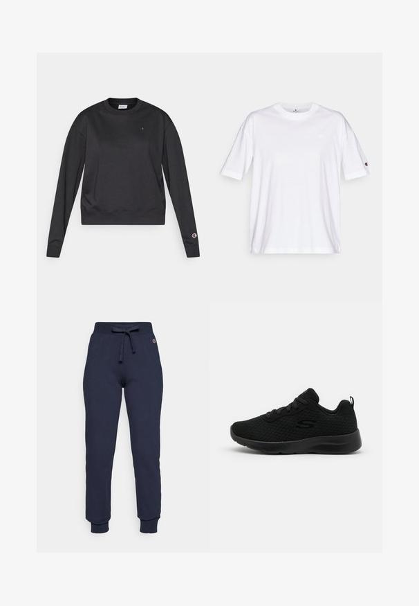 Sort langærmet sweatshirt lavet af bomuldsblanding. Har ribbet rund hals og manchetter samt en lille logo på brystet og ærmet.; Hvid bomuld t-shirt med rund halsudskæring, korte ærmer og et lille logo på venstre bryst. Glat tekstur, standard pasform.; Mørkeblå sweatpants lavet af en bomulds-blanding, med snor i taljen, ribbede manchetter og et lille logo på hoften.; Sorte atletiske sneakers med en mesh overdel, polstret krave, snørebåndsdesign og en tekstureret gummisål. Enkel og strømlinet silhuet.